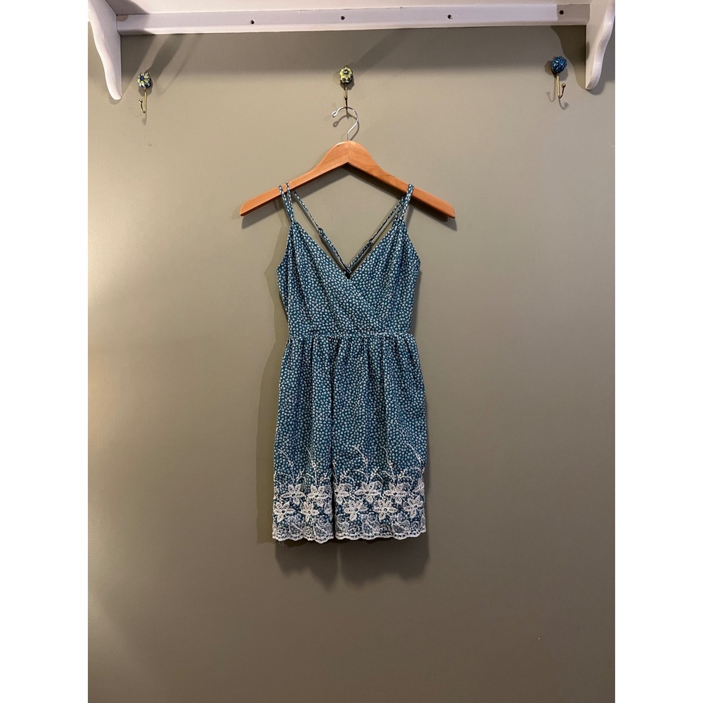 Altar'd State Teal Blue Floral Ditsy Mini Dress Lace Hem Open Back‎ Womens XS
